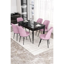 Canisa Concept Kor Serisi 70x114 Açılabilir Mutfak Masası Takımı Siyah Mermer Desen Masa 6 Pembe Sandalye Masa Siyah Mermer Desen Sandalyeler Pembe