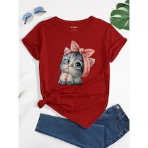Sevimli Kedi T-shirt - Kırmızı Baskılı Oversize Bisiklet Yaka Kısa Kol Tişört Kırmızı