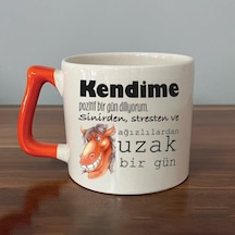Kendime Pozitif Bir Gün Diliyorum Baskılı Turuncu Kulplu D Kupa