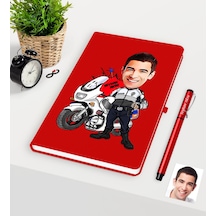 Kişiye Özel Bay Yunus Polis Karikatürlü Kırmızı Defter Kalem Seti Kırmızı