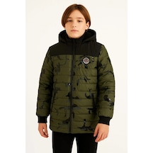 Ertaştrendstore Erkek Çocuk Kamuflaj Desenli Peluş Astarlı Kapüşonlu Cepli Mont - Haki Çok Renk