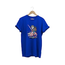 Fishing Balıkçılık Pirana Ve İskelet Tasarım Baskılı %100 Pamuk Regular Fit T-shirt Mavi