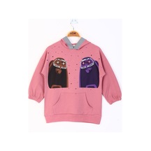 Toontoy Kız Çocuk Oversize Kapüşonlu Cepli Düşük Omuz Sweatshirt - Neon Baskılı & 2 İplik Gül Kurusu