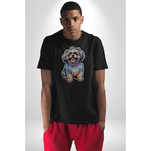 Shih Tzu Renkli Köpek Unisex Unisex Siyah Organik Baskılı T-shirt Penye Yüksek Kalite Siyah