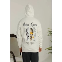 Efnaz Style Erkek Sırt Baskılı Oversize Üç İplik Kapüşonlu Sweatshirt - Beyaz