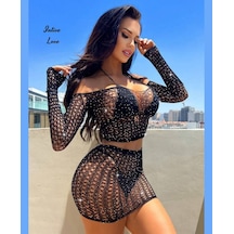 Intive Lingerie Intive Fantasy Taşlı Fileden Croptop Büstiyerli Etekli Vücut Çora Siyah