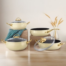 Lines L-5094-1 Yonca Güveç 7 Parça Tencere Seti - Krem Altın Kulp