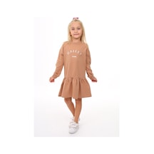 Toontoy Kız Çocuk Nakışlı Elbise Kahverengi