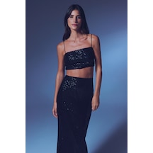 Sateen Askılı Payetli Crop Bluz - Siyah-135405 Siyah
