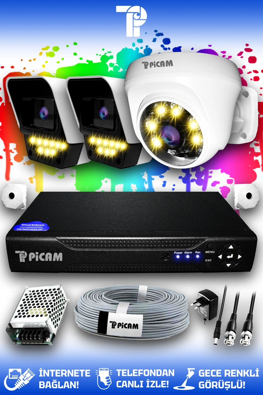 Picam 3 Kameralı Süper 1 İç Kamera Set HDD'siz 5 MP 2K Net Renkli Gece Görüşlü Güvenlik Kamerası Sistemi