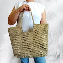 Embahandmade Metalik Altın El Örgüsü Plaj Çantası Şık Yazlık Omuz Tote Bag Gold
