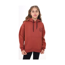 Toontoy Kız Çocuk Oversize Kapüşonlu Cepli Düşük Omuz Baskılı Yırtmaçlı Sweatshirt - 3 İplik Şardonlu Kiremit