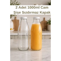 2 Adet 1000ml Beyaz Sızdırmaz Kapaklı Şeffaf Cam Süt Ayran Limonata Meşrubat İçecek Şişesi