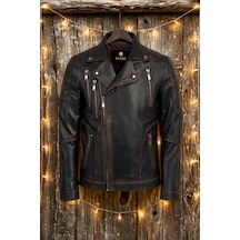 Derije Hakiki Deri Motorcu Tarzı Vintage Erkek Biker Mont Eskitme