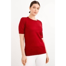 Desen Minimalist Oversize Yuvarlak Yaka Kısa Kol Kadın Bluz - Günlük & Şık Vişne