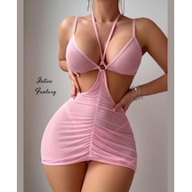 Intive Fantasy Toz Pembe Boyundan Bağlamalı Bel Dekolteli V Yaka Pembe