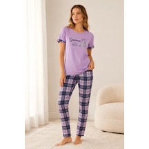 Modi Pamuklu Penye Summer Baskılı Kısa Kollu Pijama Takımı Bisiklet Yaka Ekose Desenli - Lila Çok Renkli