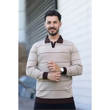 Hk Premium Çizgili Polo Yaka Slim Fit Triko Kazak Bej