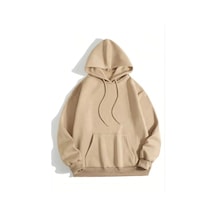 3 İplik Pamuklu Unisex Kapşonlu Sweetshirt - Bej Çok Renkli