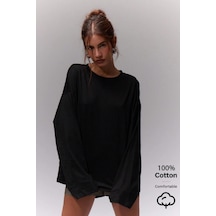 Kadın %100 Pamuk Bisiklet Yaka Oversize Fit Uzun Kollu Siyah T-shirt Siyah