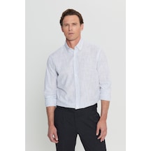 AC&Co / Altınyıldız Classics Erkek Lacı Beyaz %100 Pamuk Oxford Comfort Fit Rahat Kesim Düğmeli Yaka Çizgili Gömlek Lacı Beyaz Lacivert - Beyaz