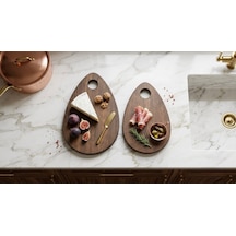 Fam Wood Art Damla Model 2'li Kesme Sunum Doğrama Tahtası, Servis Tabağı %100 Çam Ağacı Kahverengi