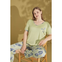 Kadın Düğmesiz V Yaka Yazlık Pamuk Likra Büyük Beden Kısa Kol Pijama Takımı Açık Yeşil Kadın Düğmesiz V Yaka Yazlık Pamuk Likra Büyük Beden Kısa Kol Pijama Takımı Açık Yeşil