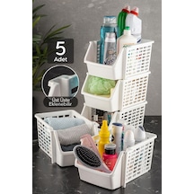 5'li Üst Üste Eklenebilir Dolap İçi Düzenleyici Banyo Mutfak Rafı - Çok Amaçlı Tezgah Altı Organizer Beyaz
