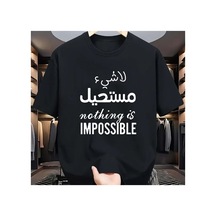 Caddemia Yaz  Moda Spor Rahat Gevşek Arapça Kelimeler Baskı Yuvarlak Boyun Kısa Siyah 2XL