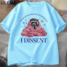 Flood Of Style Demokrasimiz İçin Korkuyla Muhalefet T-shirt Büyük Boy Rakun Meme T Pamuk Kısa Kollu T Mavi