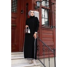 Hira Life Fashion Kadın Tesettür Giyim Balıkçı Yaka Eteği Yırtmaçlı Elbise İle Pantalon İkili Takım Siyah Siyah