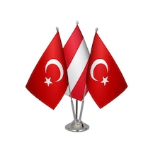 Masa Üstü Avusturya Bayrağı Türk Bayrağı Üçlü Krom Direk Masa Bay
