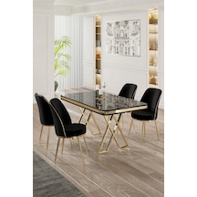 Canisa Vals Serisi 80x130 Lak Panel Siyah Mermer Desen Masa Takımı Gold Ayaklı 4 Siyah Sandalye Masa Siyah Mermer Desen Sandalye Siyah