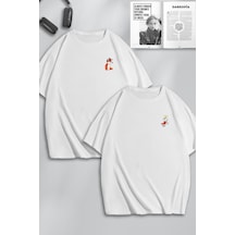Unisex Kadın Erkek Sevimli Tavşan Ve Tilki Sevgili Çift Kombini Tasarım Oversize Tshirt 2'li Beyaz1 Mck0123 Beyaz
