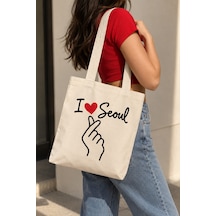 Lunora Collection I Love Seoul Baskılı Körüklü Kanvas Bez Çanta Açık Ten