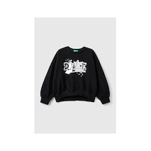 Mayoral United Colors Of Benetton Kız Çocuk Siyah Önü Pullu Baskı Detaylı Bisiklet Yaka Sweatshirt