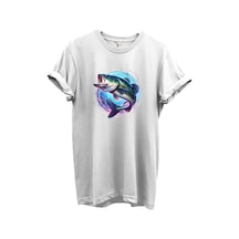 Renkli Neon Balık Desenli %100 Pamuk Regular Fit Unisex T-shirt Beyaz