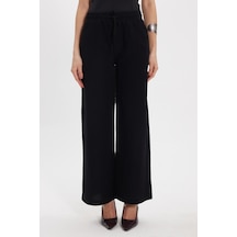Tudors Kadın Regular Fit Klasik Kesim Pamuklu Beli Bağcıklı Lastikli Keten Görünümlü Siyah Palazzo Pantolon-50635