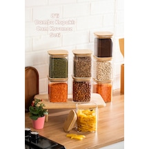 Porsima 5-4 Bambu Vakumlu Kapaklı Kare Borsilikat Cam 8li Kavanoz Seti Saklama Kabı 750ml 7,5x15cm