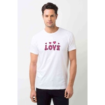Love Pembe Yazı Baskılı Beyaz Erkek Tshirt