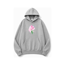 Herkesemoda Lale Baskılı Kapüşonlu 2 İplik Şardonlu Sweatshirt Gri