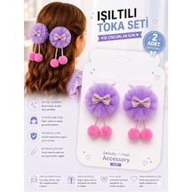 2 Li Ponpon Detaylı Simli Tül Toka Seti Kız Çocuk Saç Tokası Renk Seçenekli Mor