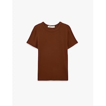 Koton Viskon Kumaş Ribanalı Slim Fit Kısa Kollu Bisiklet Yaka Basic Tişört Kahverengi 7wak50010ek Kahve