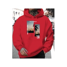 Herkesemoda The World Baskı Detaylı Kapüşonlu Sweatshırt Kırmızı Kırmızı