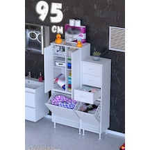 Ohbe 55 + 40cm Genişlik 160cm Boy 32,5cm Derinlik Kirli Sepetli 2 Kapak 3 Çekmeceli Çok Amaçlı Banyo Dolabı Beyaz