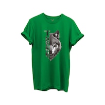 Yarı Kurt Yarısı Türk Yazı Tasarım Baskılı %100 Pamuk T-shirt Yeşil