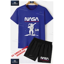Ss Sinser Çocuk Unısex Astronot Beyaz Ust Nasa Yazı Özel Baskılı Bisiklet Yaka Tişört - Şort Alt - Üst Çocuk Takım Renk:mavı/sıyah
