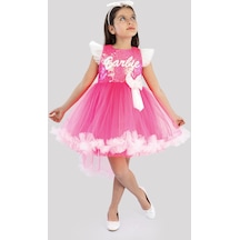 Pembe Barbie Ponpon Kuyruk Etekli Barbie Taçlı Kız Çocuk Doğum Günü Parti Elbisesi-Pembe