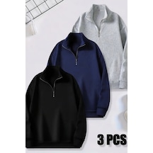 3'lü Fermuarlı Dikyaka Sweatshirt Seti -basic- Siyah, Lacivert, Gri Siyah-lacivert-gri