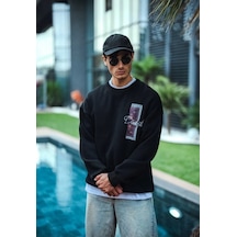 Yake Store Uzun Kol Bisiklet Yaka Ön Ve Arka Baskılı Sweatshirt - Siyah - Siyah